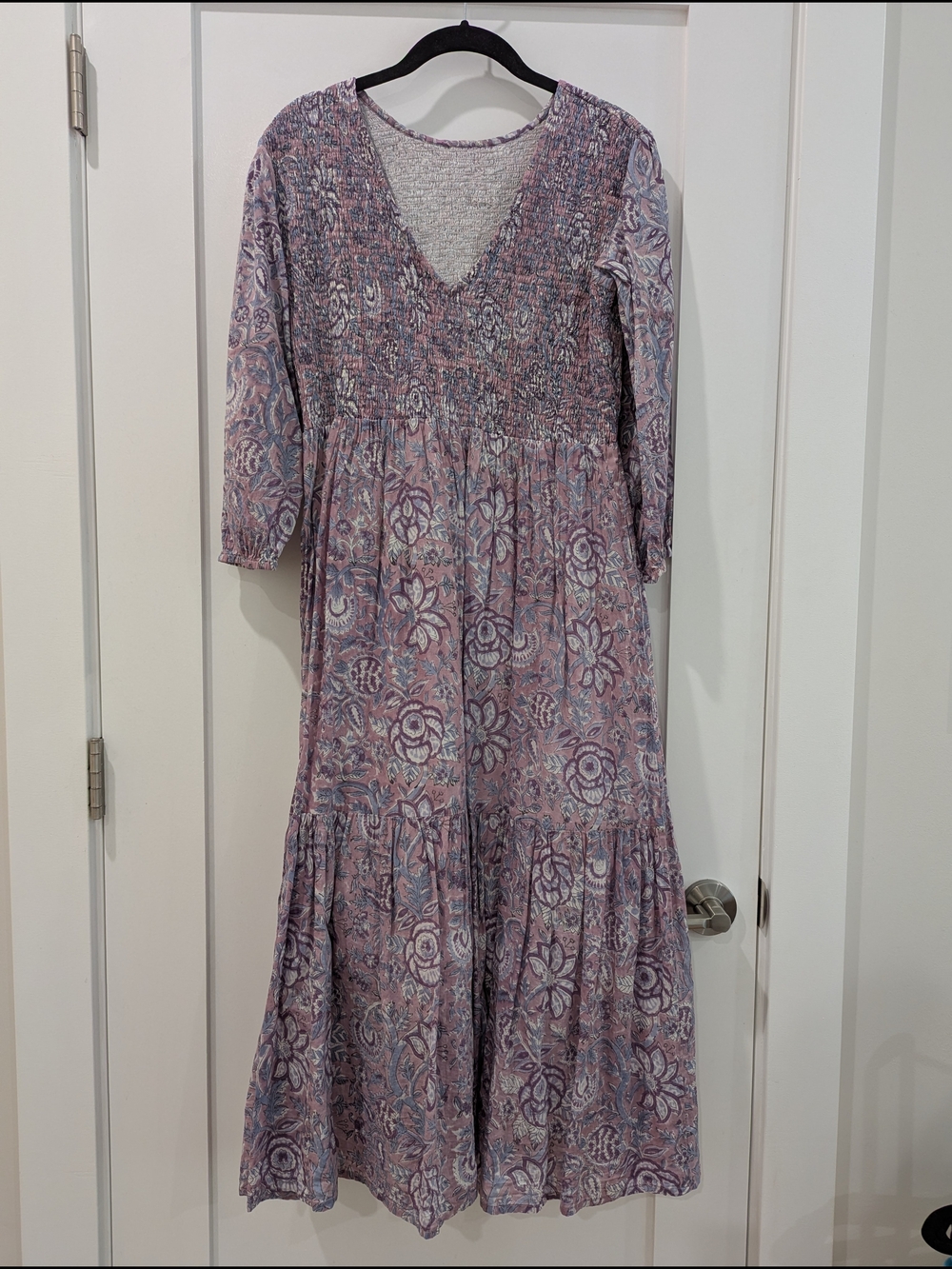 Bohemian Floral Smocked V-Neck Maxi Dress - Dusty Rose And Lavender